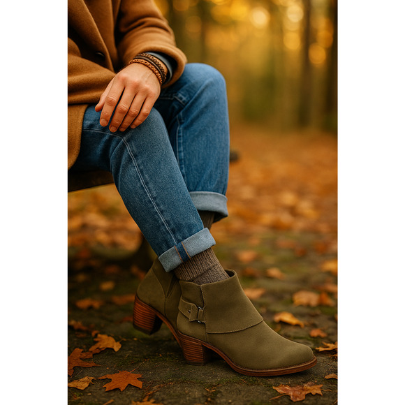 Alice+Olivia 8.5 Suede $350 Caden Ankle Boots Gold Bootie Low Heel Olive Green - Picture 7 of 7